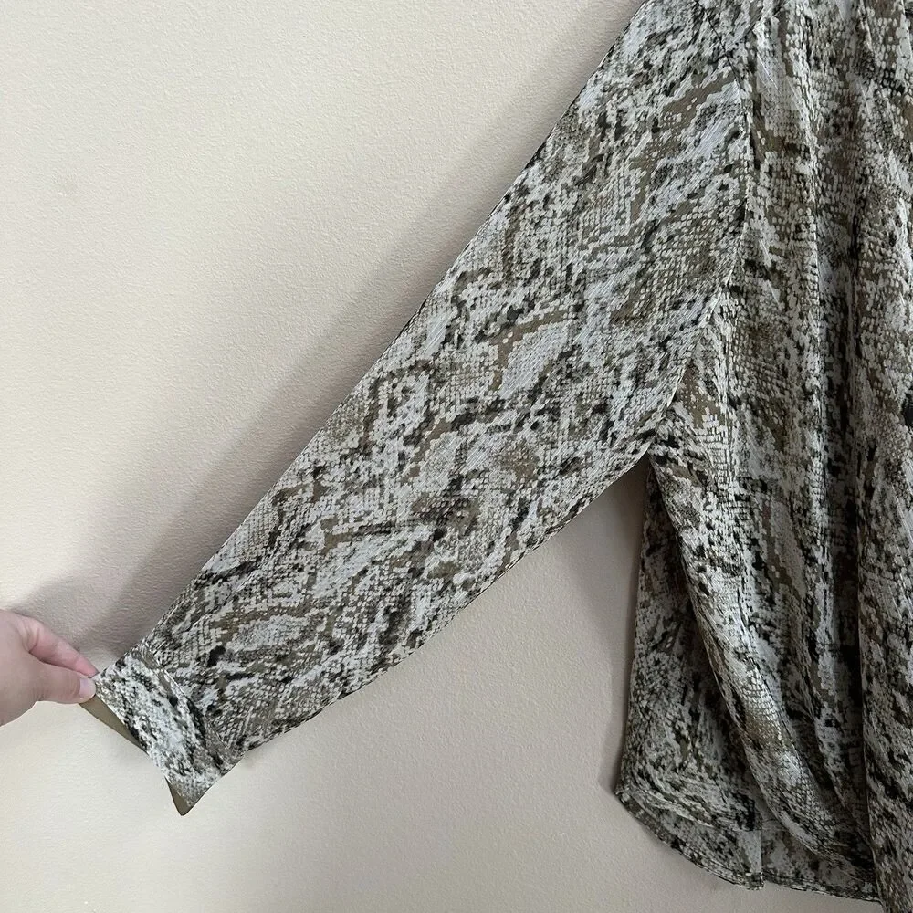DKNY Top Women's XL Brown Snake Print Faux-Wrap Long Sleeve Semi Sheer Career - Picture 11 of 11